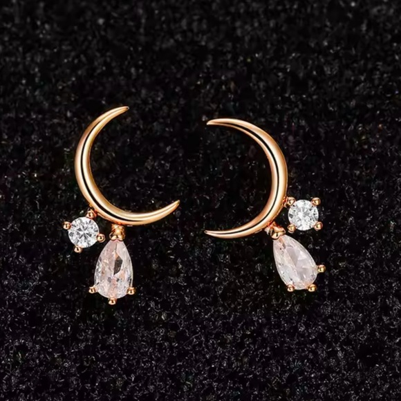 “Tears from the Moon” Crescent Sliver Dripping Crystals Swarovski Tiny 14K Studs - Picture 6 of 16